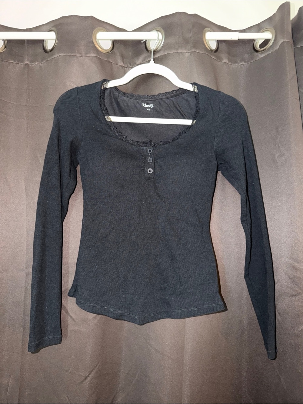 Klassy Network Black Long-Sleeve Henley with Lace Trim